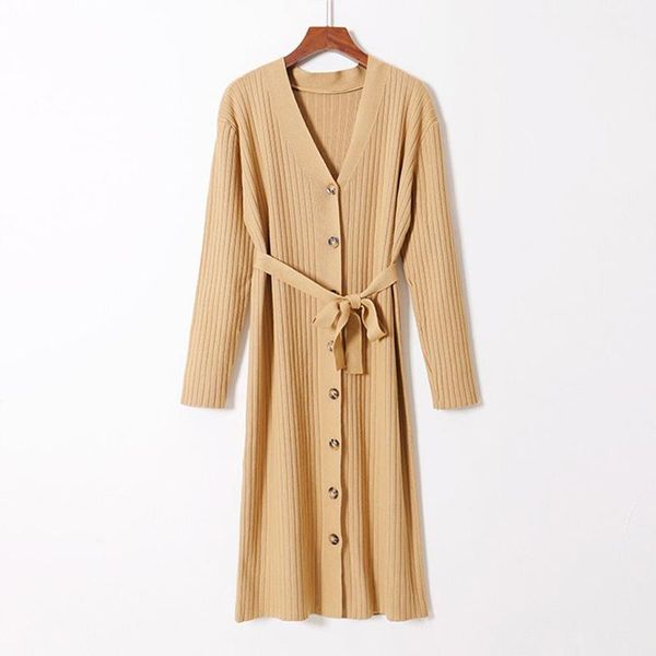 

casual dresses v neck sashes women's knitted sweater midi dress single breasted solid slim female 2021 autumn elegant ladies vestidos, Black;gray