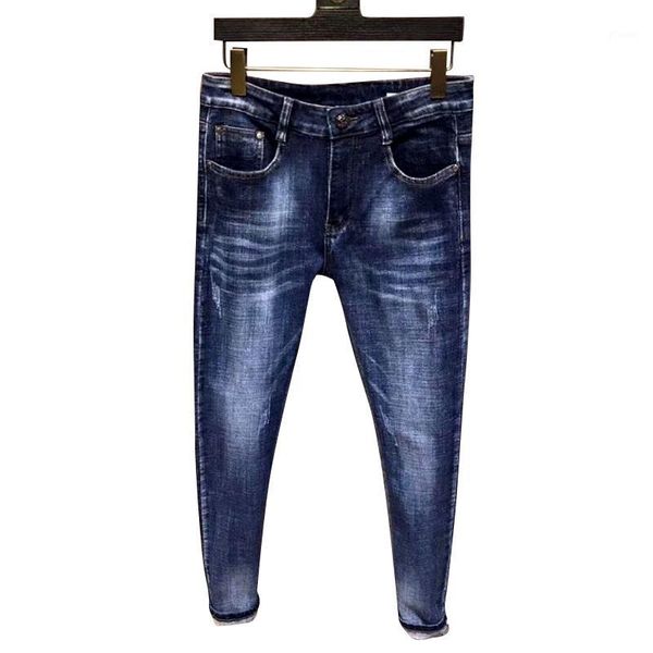 

four seasons jeans strong wash hole patch graffiti punk hip hop casual fit elastic 2020 latest men's pants1, Blue