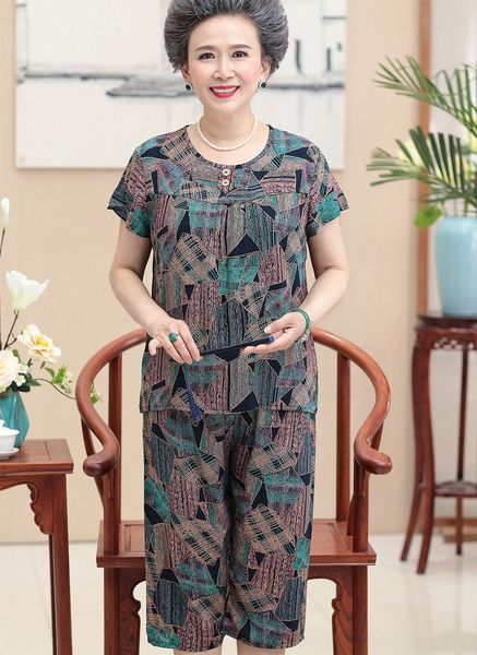 

silk pajamas women's thin two-piece suit summer middle-aged pajamas pajamasand elderly artificial cotton mother middle-aged cotton silk, Gray