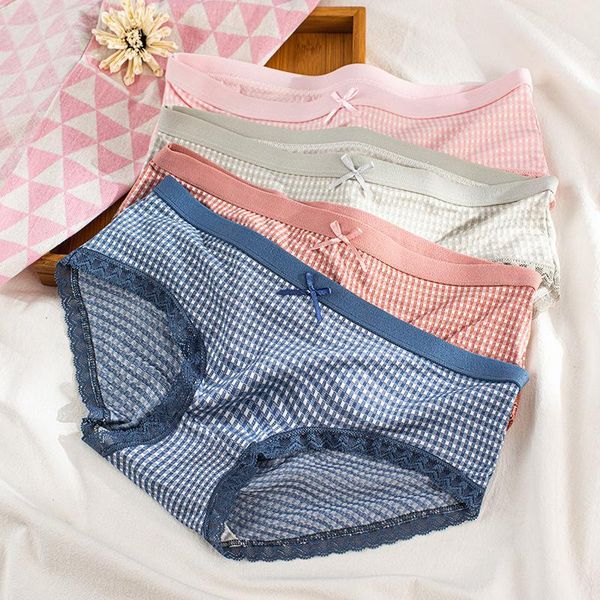 

girl underwear women cute bow sweet pink plaid panties soft cotton panties seamless briefs female lace lingerie, Black;pink