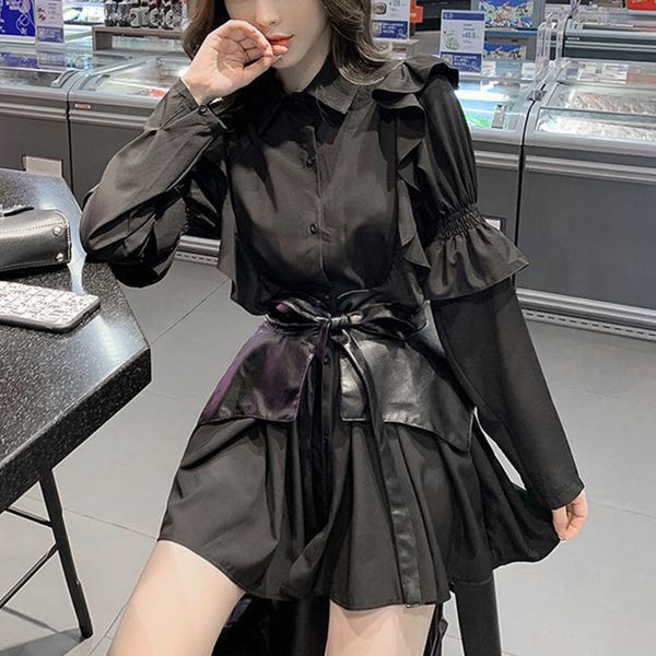 

2021 new black elegant women mini long sleeve shirt party set female casual korean fashion gothic dress autumn k0i6, Black;gray