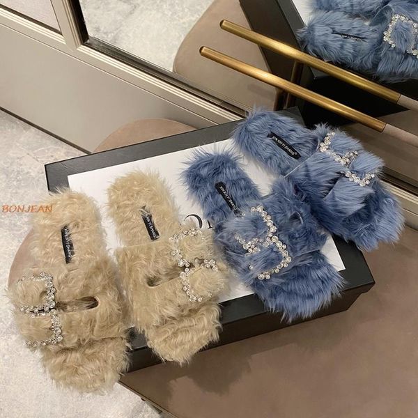 

slippers 2021 winter women's fashion crystal decoration plush peep toe ladies shoes soft bottom comfortable, Black