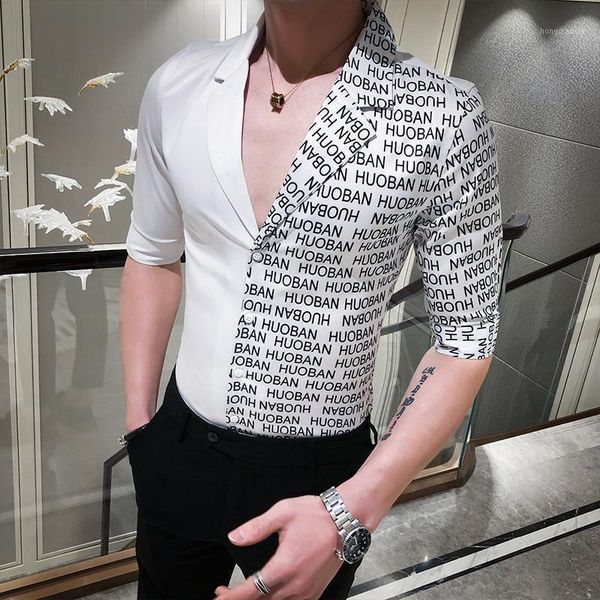

2020 brand clothing male slim fit letter printing casual shirts/men's pure cotton v-neck casual shirts s-3xl1, White;black