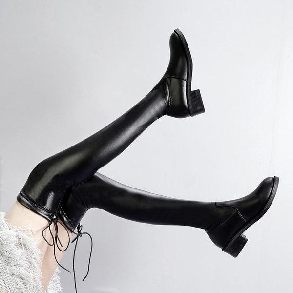 

2020winter new women's shoes comfortable lace-up elastic long boots simple casual wild solid color knee boots plus velvet boots.1, Black