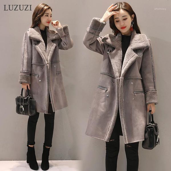 

luzuzi 's winter sheepskin coat fur suede long coat female 2020 faux fur thick warm jacket, Black
