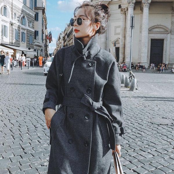 

women 2021 autumn winter elegant wool blend fashion long coats female vintage casual loose woolen overcoat warm outerwear s591, Black