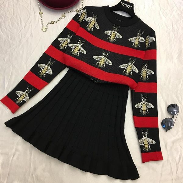 

women print sweaters skirts sets long sleeve knit pullover pleated skirt 2pcs suits for woman, Gray