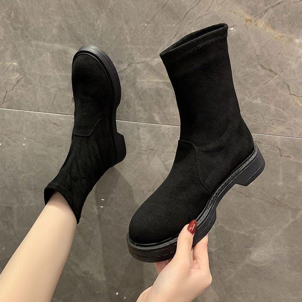 

boots women new 2020 low heels booties women's rubber shoes rain round toe booties ladies luxury designer mid calf rock, Black