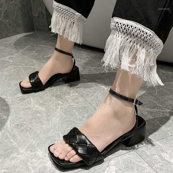 

dropshipping summer ankle strap weave sandals women black leather square toe thick heels shoes woman outdoor sandalias1