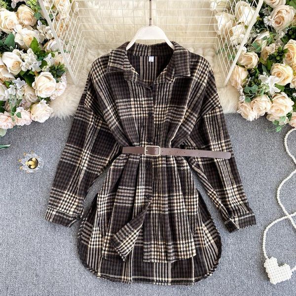 

singrain women vintage plaid blouse turn-down collar long sleeve button chic split autumn korean fashion streetwear blouses1, White