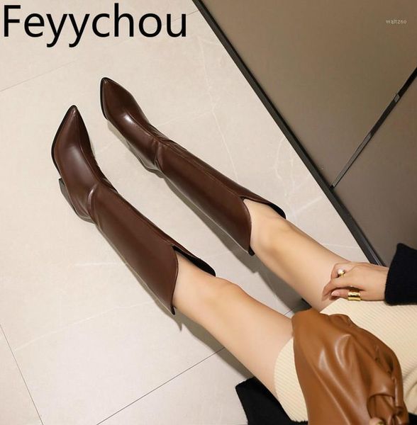 

women's boots autumn winter high heel pointed toe slip on knee high motorcycle shoes pu 2020 fashion brown big size 34-481, Black