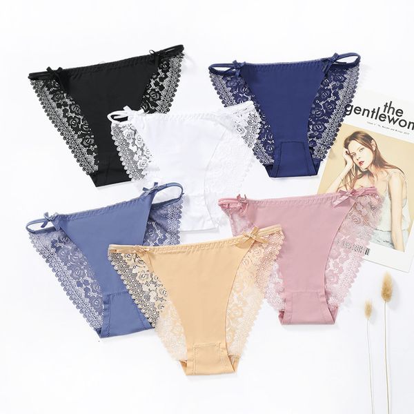 

lace low-waisted hollow bow ladies panties invisible breathable female lingerie ice silk seamless women's underwear, Black;pink