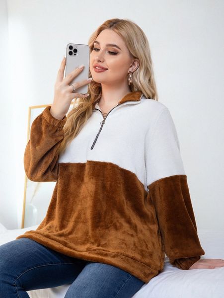 

plus colorblock half zip flannel sweatshirt 85gc#, Black