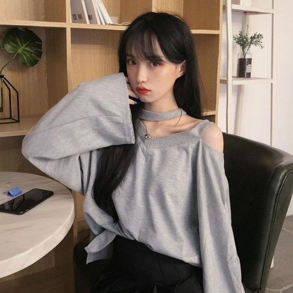 

women's spring autumn long-sleeved shirt hooded loose halter solid hole long-sleeved korean shirts woman wild female pl0361, White