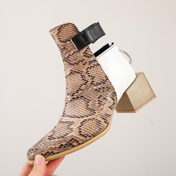 

women boots autumn ankle boots woman pu leather zipper thick heel ladies shoes leopard pointed toe women's fashion 2020, Black