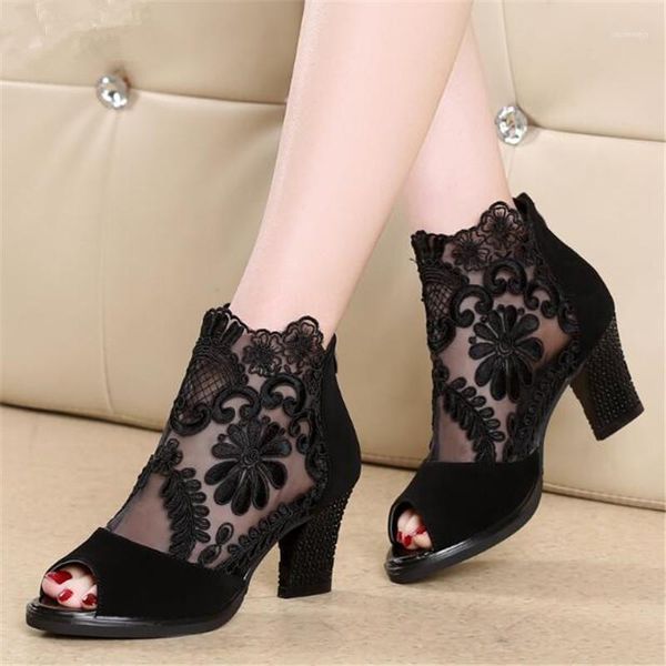 

zpxhsm new women shoes summer mesh peep toe sandals heels wild fashion casual shoes thick with lace breathable pumps y2611, Black
