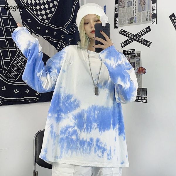 

t-shirts women dye tie long sleeve harajuku bf oversize couple streetwear korean style womens loose casual students femme 1, White