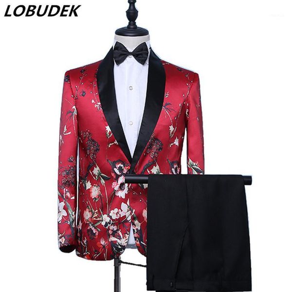 

men bridegroom wedding suits red flowers pattern floral suit slim fit single button tuxedo costume groom singer host formal set1, White;black