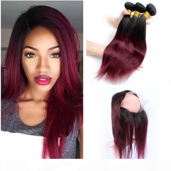 

#1b 99j burgundy ombre peruvian hair 3bundles with 360 lace frontal 22.5x4x2 straight wine red ombre 360 full lace frontal with weaves, Black;brown