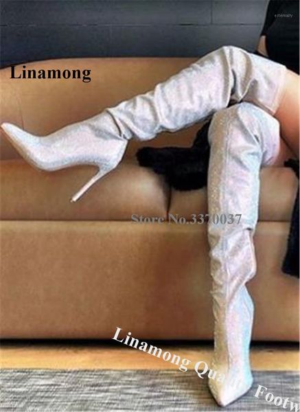 

boots linamong luxurious bling pointed toe over knee stiletto heel crystal slim long high club dress shoes1, Black