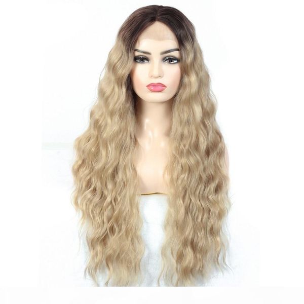 

ombre dark roots blonde lace front wigs for women 13*4 synthetic long wavy middle parting natural looking hair, Black;brown