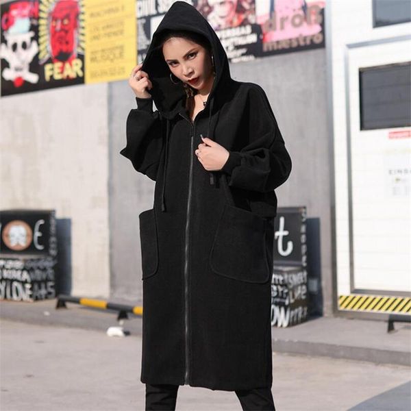 

с капюшоном толстый осень зима женщин осень зима куртка повседневный outwear сыпучие кардиган молния длинное пальто повседневный черный шине, Black;brown