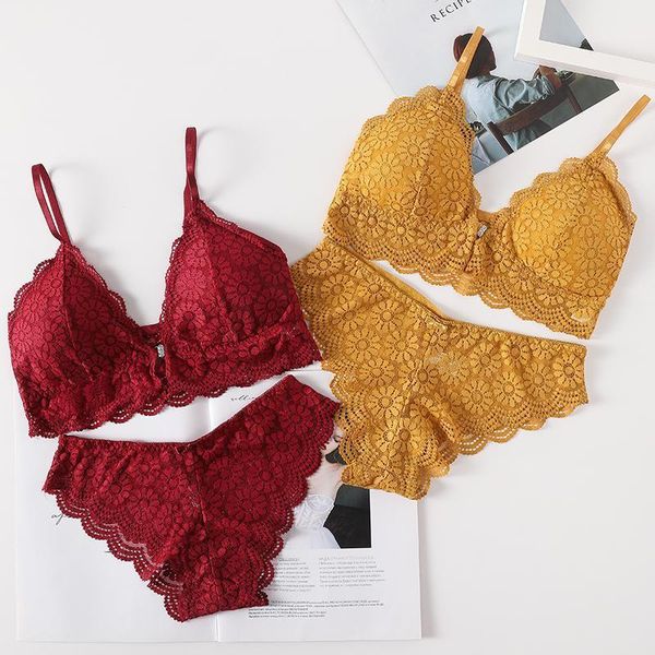 

front cloure bra brief set lace bralette push up bra women seamless underwear embroidery brassiere lingerie panties set1, Red;black