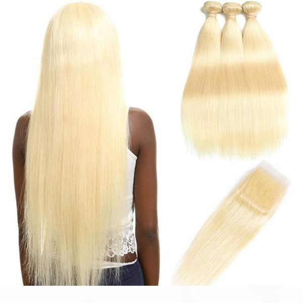 

hcdiva hair extensions straight 613 blonde human hair bundles with closure 3 bundles with 4x4 lace closure for hair salon 10-30 inch long, Black;brown