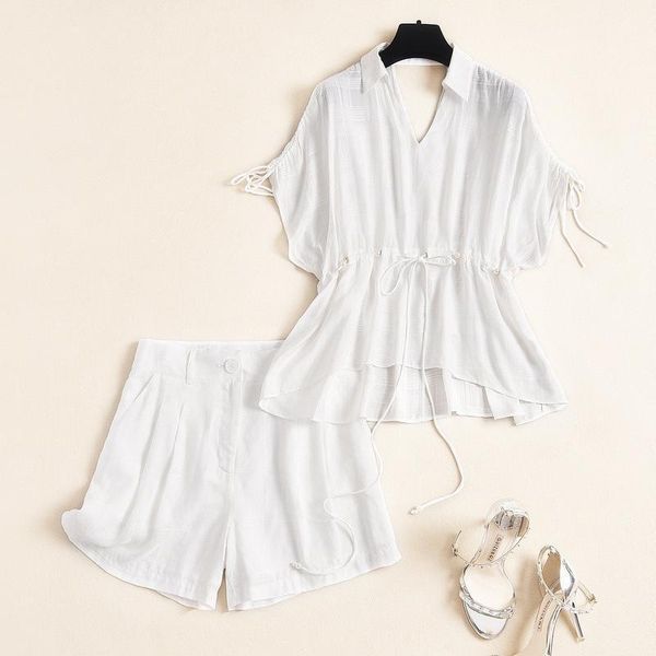 

women shorts set summer 2020 white ruched batwing sleeve drawstinge waist blouses casual two piece outfit pink1