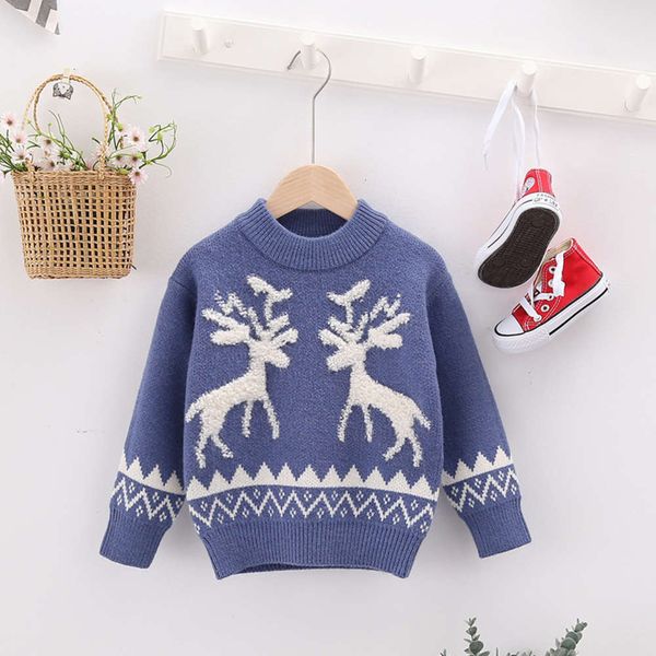 

2020 new round clothing neck winter pullover boys' red christmas elk middle school children's knitted sweater h0r1, Blue