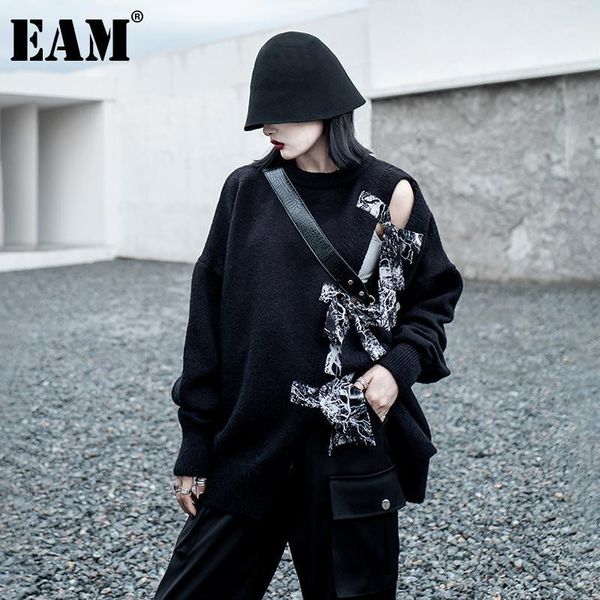 

eam] bow big size knitting sweater loose fit round neck long sleeve women pullovers new fashion tide autumn winter 2020 1dd13161, White;black