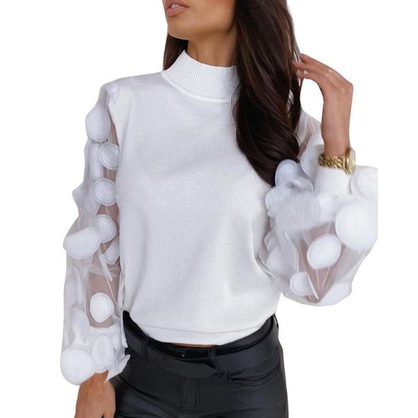 

elegant women tulle flowers puff sleeve blouse fashion turtleneck long sleeve plain bottoming shirts female shirts, White