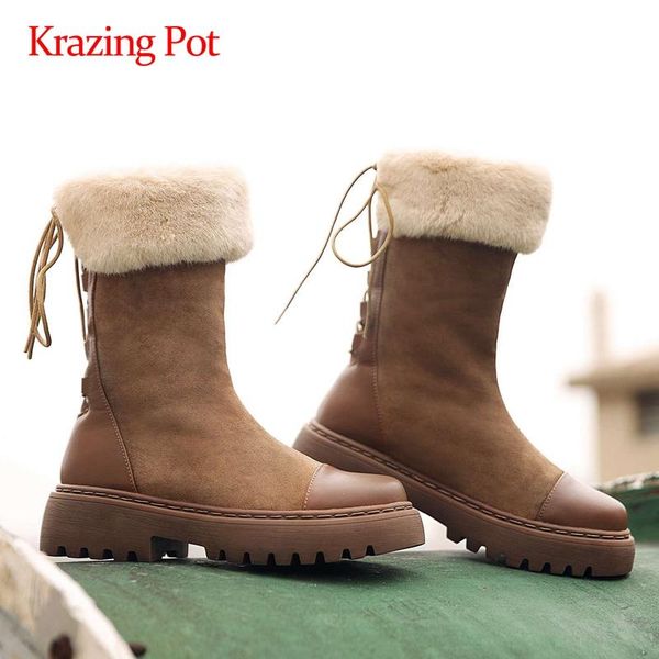 

krazing pot large size cow suede patchwork handmade round toe thick med heel back lace up keep warm charming mid-calf boots l20, Black