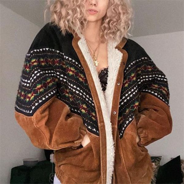 

geometric pattern lapel brown loose vintage woman parkas long sleeve casual winter coat women elegant harajuku jacket usa stylex1016, Black;brown
