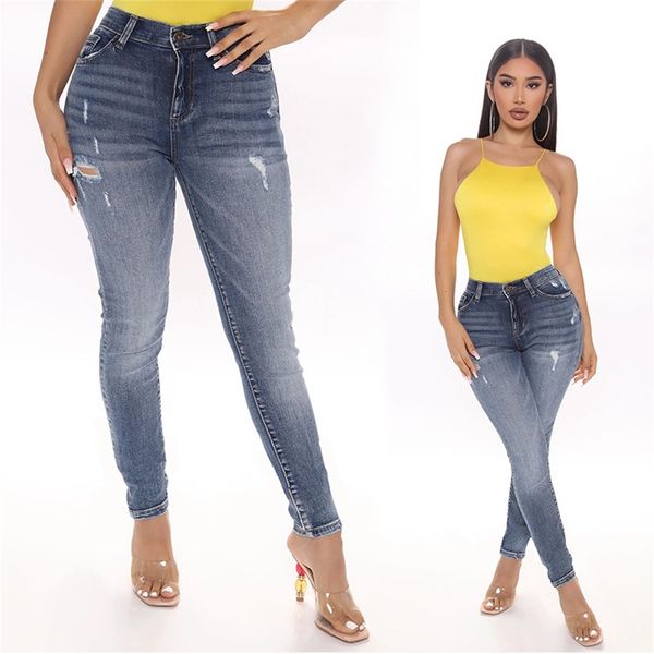 

women's high elastic jeans with holes and tight feet are very hot, Blue