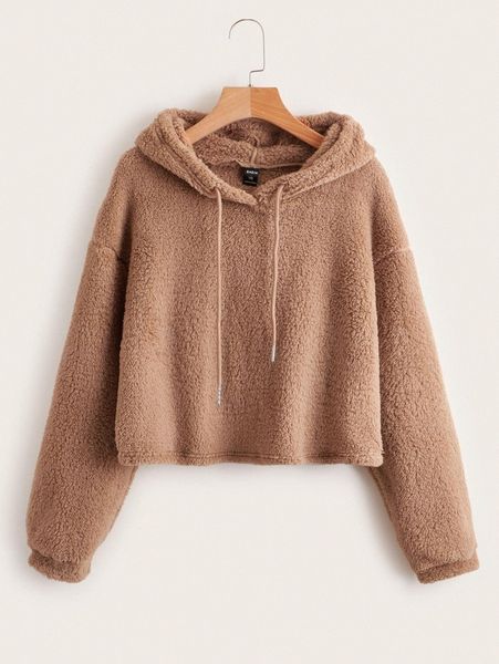 

plus drop shoulder drawstring teddy hoodie 43qh#, Black