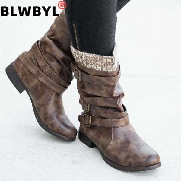 

мода зимняя обувь женщины boots ницца пряжки шерсти украшения твердая середина теленка кожа толстый каблук ботинка теплые ботинки женщин, Black