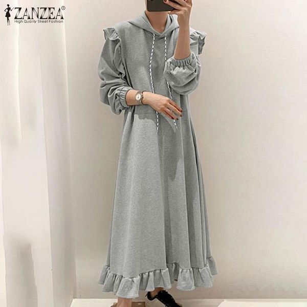 

zanzea vintage retro women hooded dress 2021 spring ladies puff sleeve solid robe 5xl casual ruffle maxi vestidos long sundress1, Black;gray