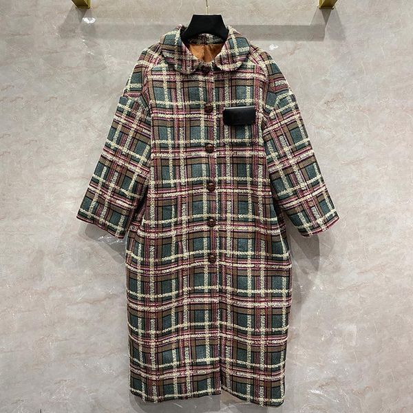 

women's wool & blends luxury 74% long coat 2021 autumn classic plaid woven tweed loose casual doll collar fashion sleeve jacket coats, Black