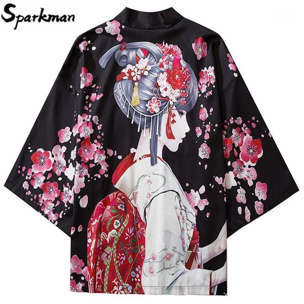 

2020 harajuku streetwear kimono jacket japanese geisha cartoon hip hop men japan style jacket summer thin clothing loose kimono1, Black;brown