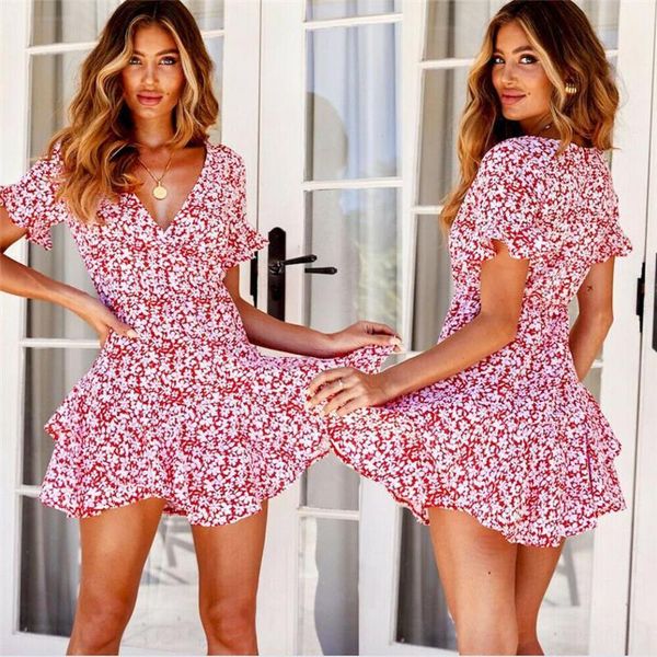 

sweet women summer floral mini dress flare sleeve v neck summer sundress ladies high waist ruffled swing dresses slim women dress, Black;gray