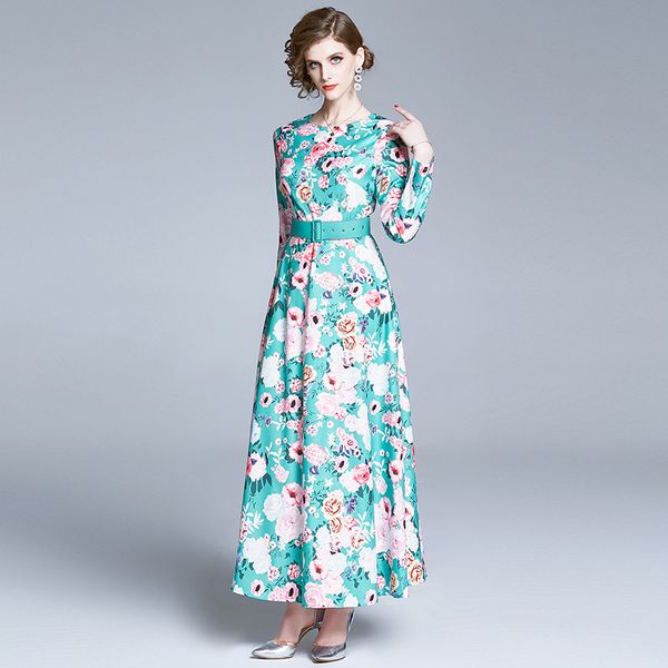 

l xl xxl new summer 2020 women long maxi dress green pink flower print ankle length a line elegant lady, Black;gray