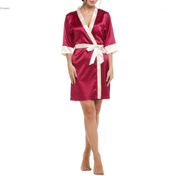 Großhandel - Damen-Kimono-Robe, knielanger Bademantel, sexy Dessous, Nachtwäsche, kurze Damen-Seidenrobe, Spitze, Nachtwäsche, Brautjungfern-Roben1