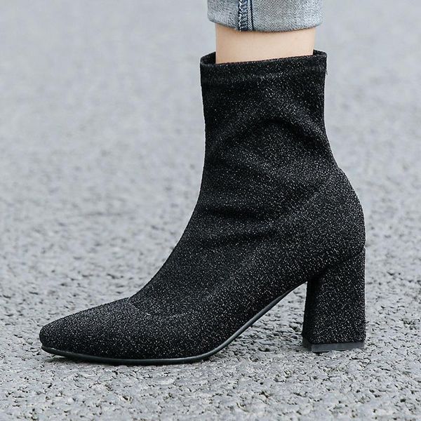 

boots women ankle pointed toe sock 7cm heels female party shoes 2021 winter, Black