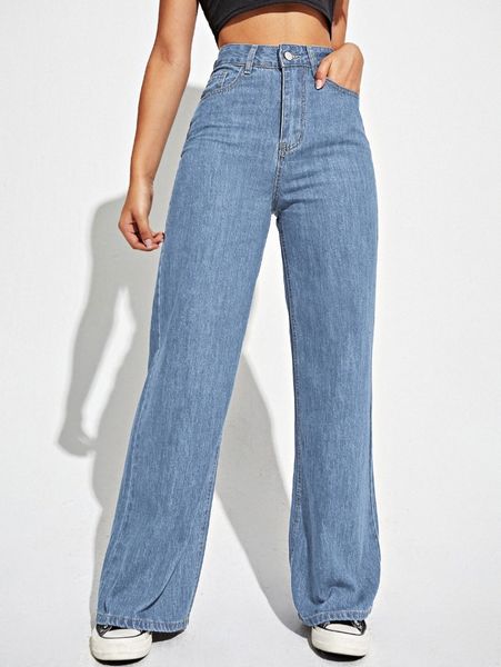 

high waist slant pocket wide leg jeans x2tv#, Blue