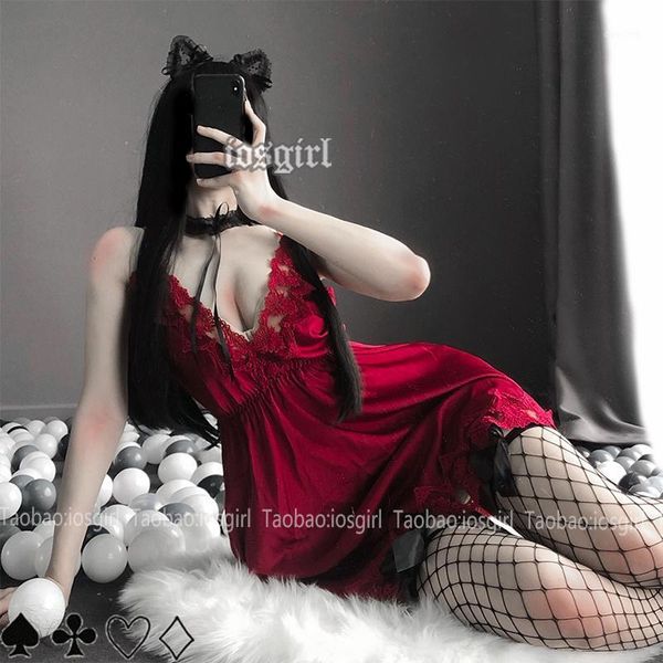 

lingerie women night gown eyelash lace satin backless sling strap nightdress nightwear home night dress sleepwear set1, Black;red