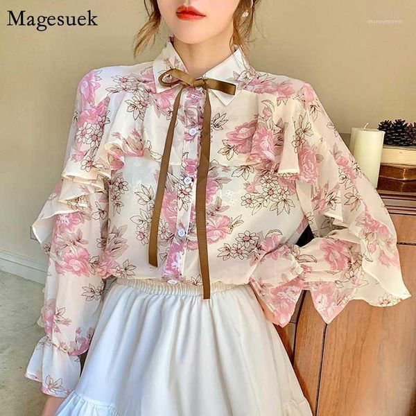 

women's blouses & shirts 2021 autumn pritnted floral women blouse ruffles chiffon long sleeve womens lady blusas mujer 104491, White