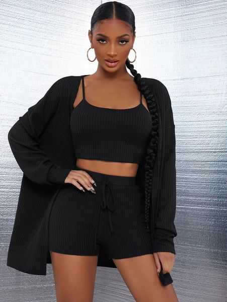 

sxy rib-knit solid crop cami with coat & shorts set l2bv#, White