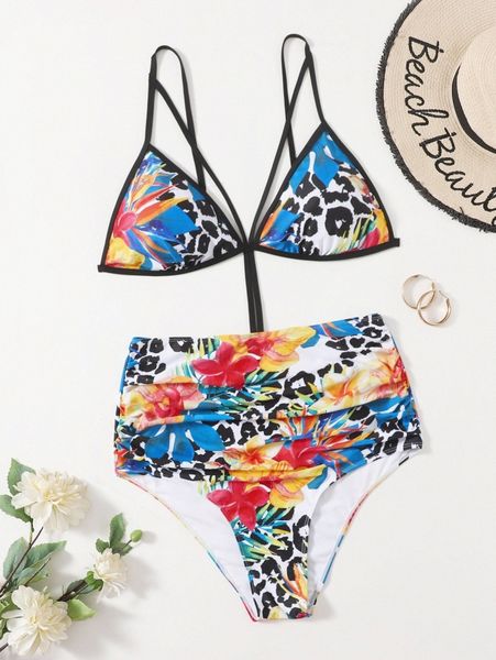 

plus floral & leopard cut-out one piece swimsuit v0co#, Black