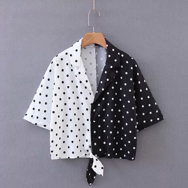 

woman, the latest crop half sleeve shirt mole pattern, collar, black, white
